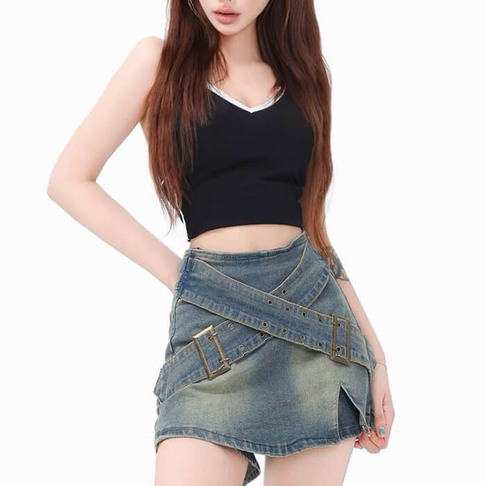 Casual Day Outfits, Easy Trendy Outfits Double Buckle Denim Mini Skirt Casual Day Outfits, Easy Trendy Outfits Double Buckle Denim Mini Skirt