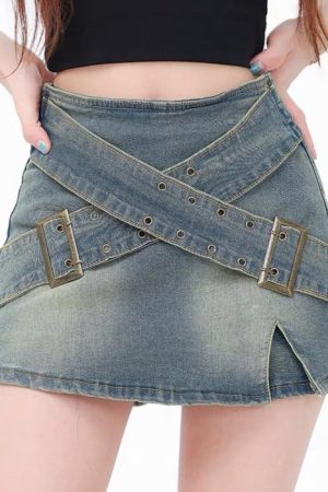 Casual Day Outfits, Easy Trendy Outfits Double Buckle Denim Mini Skirt