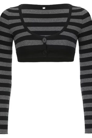 Casual Day Outfits, Easy Trendy Outfits Emo Aesthetic Striped Long Sleeve Top