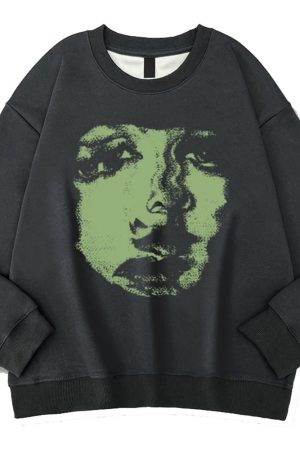 Casual Day Outfits, Easy Trendy Outfits Face Print Grunge Oversized Sweatshirt
