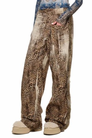 Casual Day Outfits, Easy Trendy Outfits Faded Leopard Print Wide-Leg Trousers