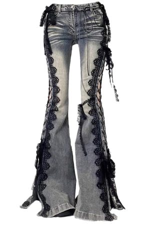 Casual Day Outfits, Easy Trendy Outfits Fairy Grunge Lace Up Flared Jeans