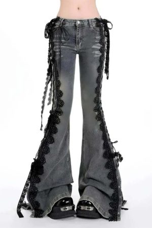 Casual Day Outfits, Easy Trendy Outfits Fairy Grunge Lace Up Flared Jeans