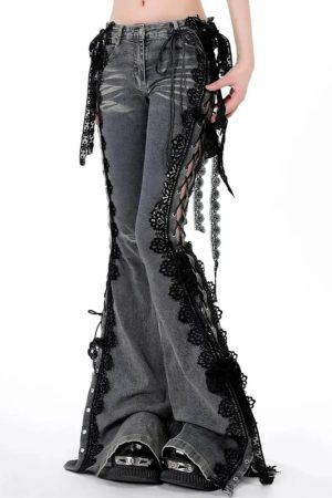 Casual Day Outfits, Easy Trendy Outfits Fairy Grunge Lace Up Flared Jeans