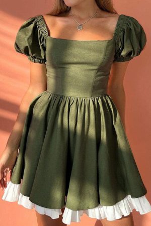 Casual Day Outfits, Easy Trendy Outfits Fairycore Aesthetic Green Mini Dress