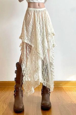 Casual Day Outfits, Easy Trendy Outfits Fairycore Asymmetrical Lace Skirt