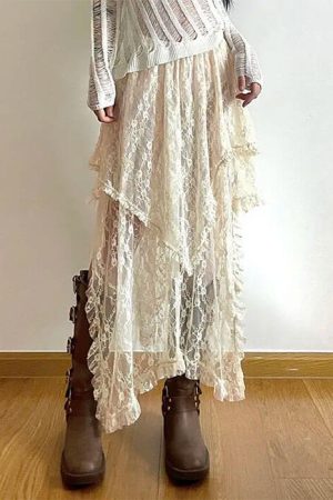 Casual Day Outfits, Easy Trendy Outfits Fairycore Asymmetrical Lace Skirt