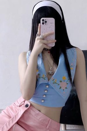 Casual Day Outfits, Easy Trendy Outfits Floral Embroidered Satin Vest