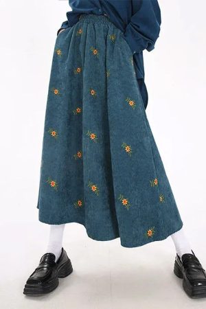 Casual Day Outfits, Easy Trendy Outfits Floral Embroidery Corduroy Skirt