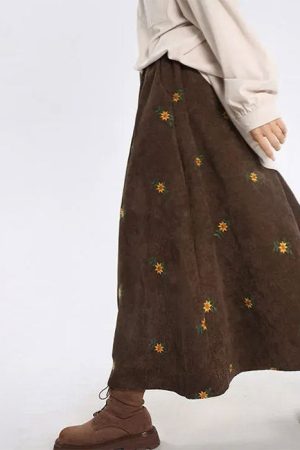 Casual Day Outfits, Easy Trendy Outfits Floral Embroidery Corduroy Skirt