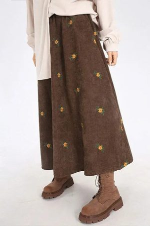 Casual Day Outfits, Easy Trendy Outfits Floral Embroidery Corduroy Skirt