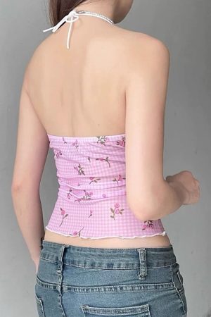 Casual Day Outfits, Easy Trendy Outfits Floral Gingham Y2K Halter Top