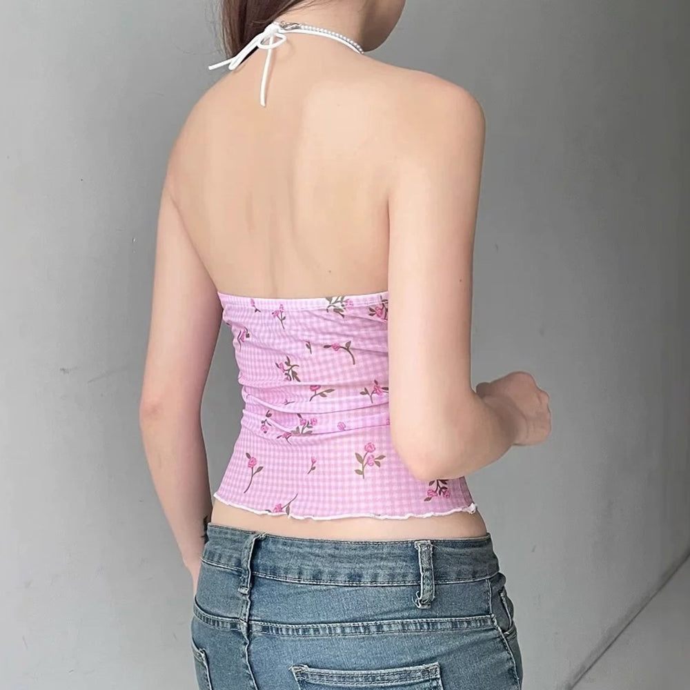 Casual Day Outfits, Easy Trendy Outfits Floral Gingham Y2K Halter Top Casual Day Outfits, Easy Trendy Outfits Floral Gingham Y2K Halter Top