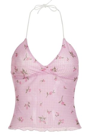 Casual Day Outfits, Easy Trendy Outfits Floral Gingham Y2K Halter Top