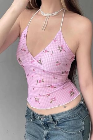 Casual Day Outfits, Easy Trendy Outfits Floral Gingham Y2K Halter Top