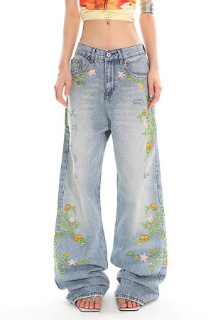Casual Day Outfits, Easy Trendy Outfits Floral Vine Fairycore Embroidery Jeans