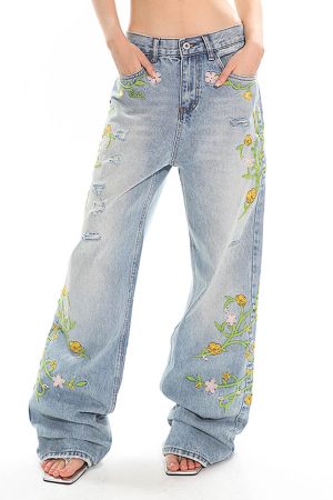 Casual Day Outfits, Easy Trendy Outfits Floral Vine Fairycore Embroidery Jeans