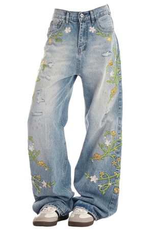 Casual Day Outfits, Easy Trendy Outfits Floral Vine Fairycore Embroidery Jeans