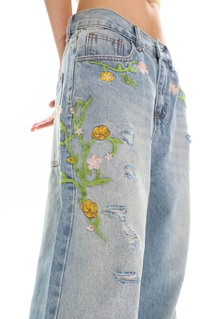 Casual Day Outfits, Easy Trendy Outfits Floral Vine Fairycore Embroidery Jeans