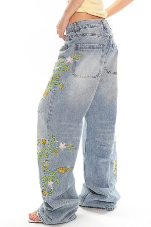 Casual Day Outfits, Easy Trendy Outfits Floral Vine Fairycore Embroidery Jeans