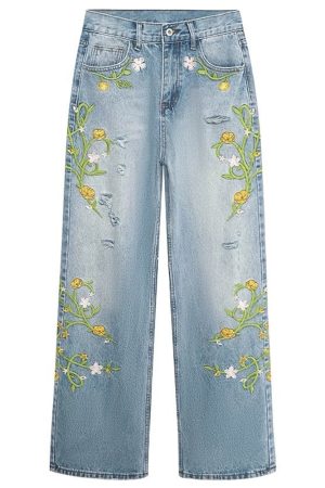Casual Day Outfits, Easy Trendy Outfits Floral Vine Fairycore Embroidery Jeans