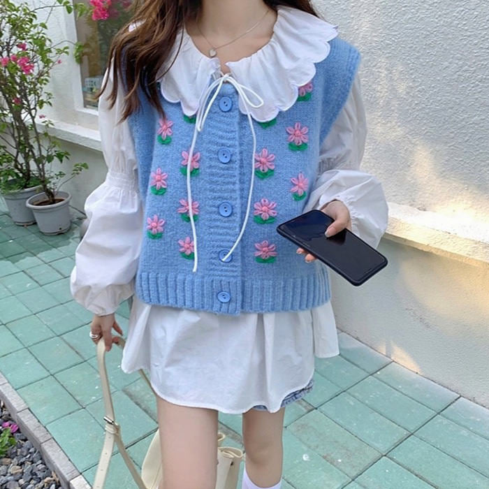 Casual Day Outfits, Easy Trendy Outfits Flower Embroidery Blue Knit Vest Casual Day Outfits, Easy Trendy Outfits Flower Embroidery Blue Knit Vest