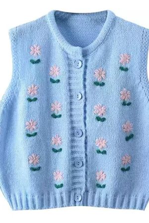Casual Day Outfits, Easy Trendy Outfits Flower Embroidery Blue Knit Vest