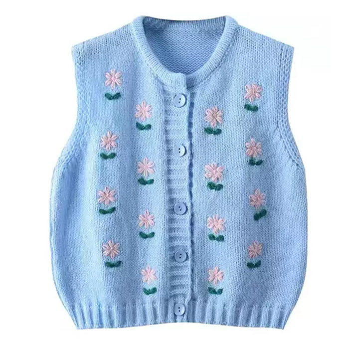 Casual Day Outfits, Easy Trendy Outfits Flower Embroidery Blue Knit Vest Casual Day Outfits, Easy Trendy Outfits Flower Embroidery Blue Knit Vest