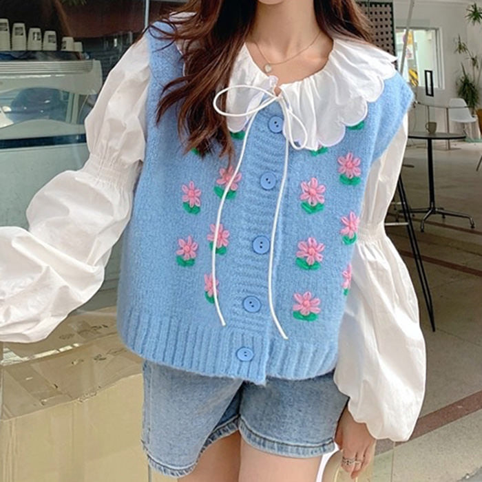 Casual Day Outfits, Easy Trendy Outfits Flower Embroidery Blue Knit Vest Casual Day Outfits, Easy Trendy Outfits Flower Embroidery Blue Knit Vest