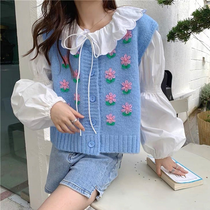 Casual Day Outfits, Easy Trendy Outfits Flower Embroidery Blue Knit Vest Casual Day Outfits, Easy Trendy Outfits Flower Embroidery Blue Knit Vest