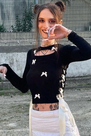 Casual Day Outfits, Easy Trendy Outfits French Maid Cut Out Long Sleeve Top