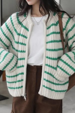 Casual Day Outfits, Easy Trendy Outfits French Mood Striped Cardigan