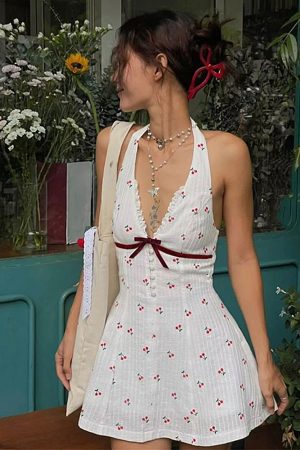 Casual Day Outfits, Easy Trendy Outfits French Summer Cherry Halter Dress