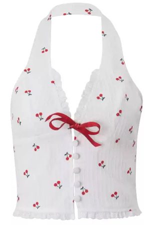 Casual Day Outfits, Easy Trendy Outfits French Summer Cherry Halter Top