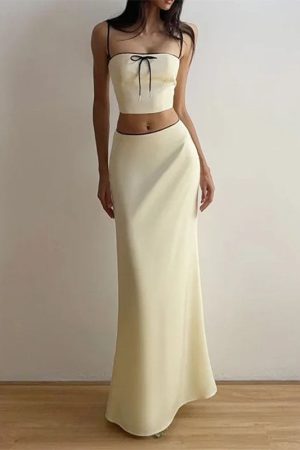 Casual Day Outfits, Easy Trendy Outfits French Summer Satin Top & Maxi Skirt Set