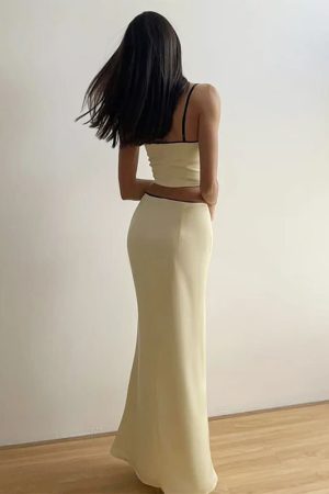 Casual Day Outfits, Easy Trendy Outfits French Summer Satin Top & Maxi Skirt Set