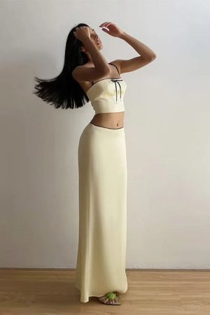 Casual Day Outfits, Easy Trendy Outfits French Summer Satin Top & Maxi Skirt Set