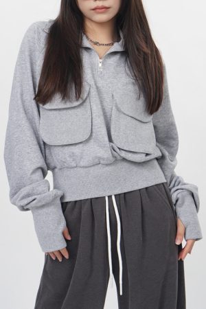Casual Day Outfits, Easy Trendy Outfits Front Pockets Grey Zip Up Sweatshirt