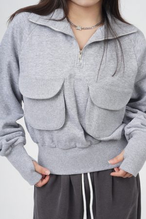 Casual Day Outfits, Easy Trendy Outfits Front Pockets Grey Zip Up Sweatshirt