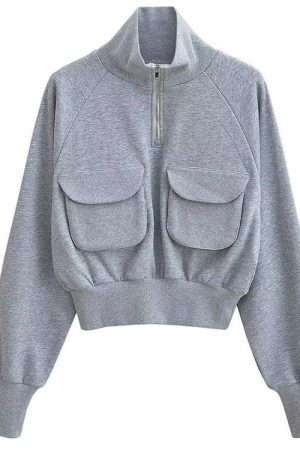 Casual Day Outfits, Easy Trendy Outfits Front Pockets Grey Zip Up Sweatshirt