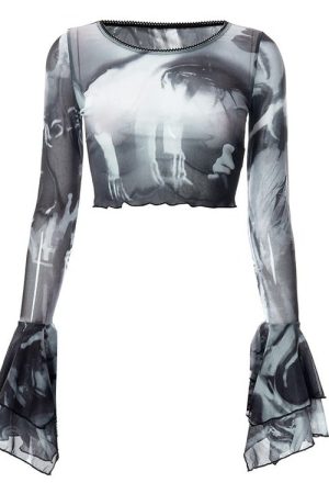 Casual Day Outfits, Easy Trendy Outfits Futuristic Flare Sleeves Mesh Top