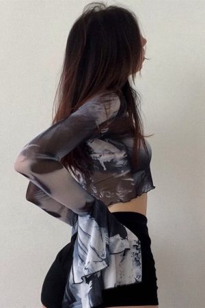 Casual Day Outfits, Easy Trendy Outfits Futuristic Flare Sleeves Mesh Top