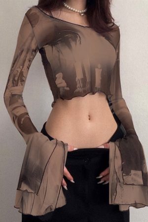 Casual Day Outfits, Easy Trendy Outfits Futuristic Flare Sleeves Mesh Top