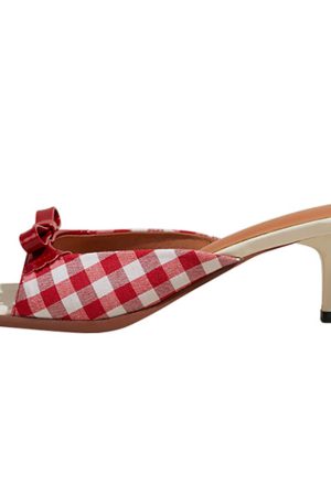 Casual Day Outfits, Easy Trendy Outfits Gingham Picnic Bow Heeled Mules