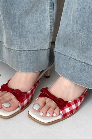 Casual Day Outfits, Easy Trendy Outfits Gingham Picnic Bow Heeled Mules