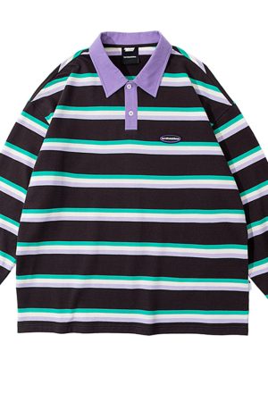 Casual Day Outfits, Easy Trendy Outfits Grape & Mint Stripe Rugby Polo Shirt