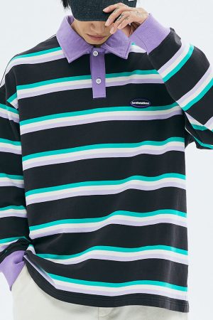 Casual Day Outfits, Easy Trendy Outfits Grape & Mint Stripe Rugby Polo Shirt