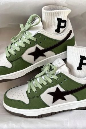 Casual Day Outfits, Easy Trendy Outfits Green & Black Aesthetic Star Sneakers
