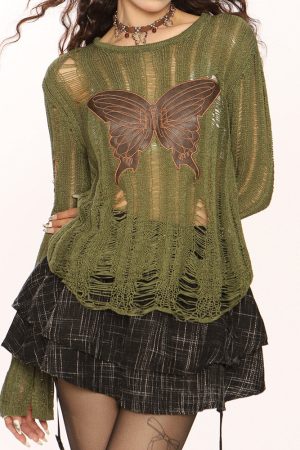 Casual Day Outfits, Easy Trendy Outfits Grunge Aesthetic Butterfly Knit Top