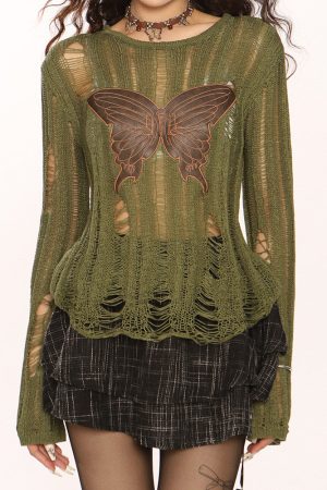 Casual Day Outfits, Easy Trendy Outfits Grunge Aesthetic Butterfly Knit Top